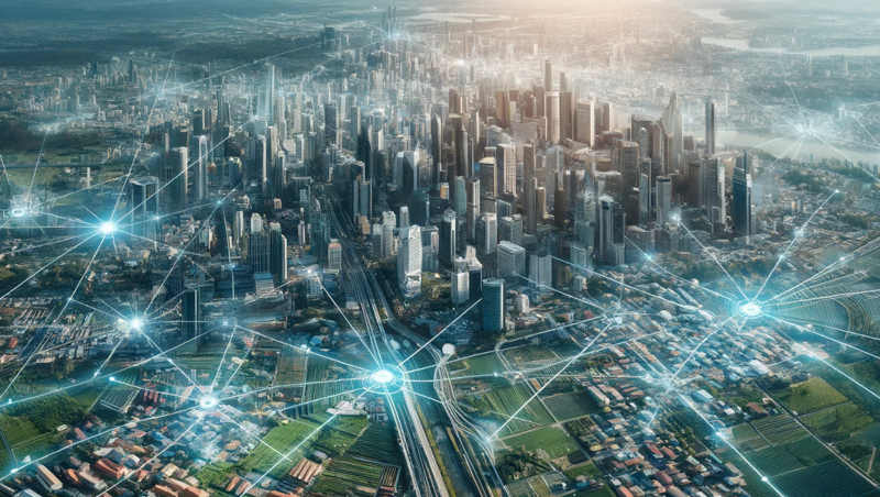 Una città con hub e linee luminose che indicano la connettività di rete wireless