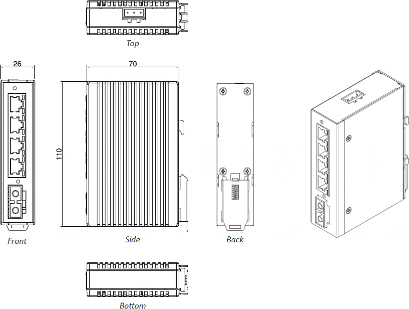 Disegni meccanici dello switch industriale Ethernet IDS-104FE