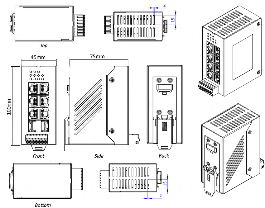 Disegni meccanici dello Switch industriali Ethernet IDS-106FE