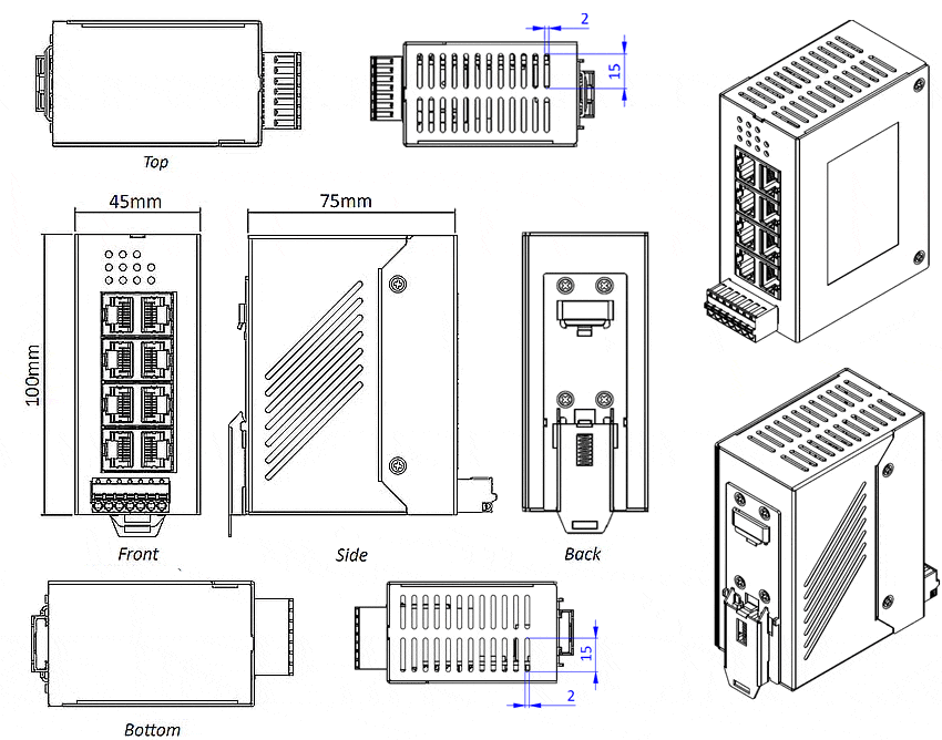 Disegni meccanici dello Switch industriale Ethernet IDS-108FE
