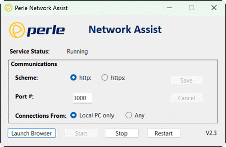 Schermata del gestore del servizio Network Assist